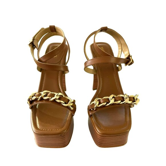 Michael Kors Paola Chain Embellished Leather Brown Platform Sandal Heels 7.5 - Picture 2 of 9